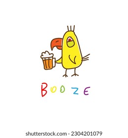 drunk tired bird with a glass of beer, inscription booze, simple cartoon illustration