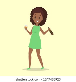 Drunk woman with alcohol addiction with bottle of beer. Female character addict to unhealthy habit. Vector flat illustration