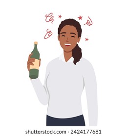 Drunk woman with alcohol bottle in her hand flat design. Drinking beer after work. Alcohol addiction. Flat vector illustration isolated on white background