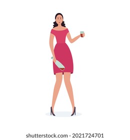 Drunk woman with alcohol problem holding wine bottle and glass - sad cartoon alcoholic girl in cocktail dress standing isolated on white background, vector illustration.