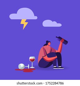 Drunk Woman Bipolar Disorder, Alcohol Addiction. Female Character Sitting on Floor in Depressed Mood with Wine Bottle in Hand Suffering, Crying Feel Lonely, Alcoholism. Cartoon Vector Illustration