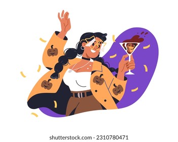 Mujer borracha bailando con bebida alcohólica en mano. Niña adicta borracha que celebra sus vacaciones en la fiesta del club, llevando un cóctel. Concepto de abuso de alcohol. Ilustración vectorial plana aislada en fondo blanco