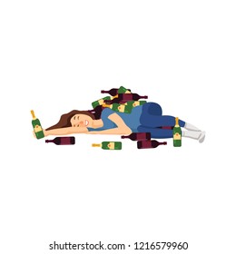 A drunk woman deeply sleeping near the bottle of wine. Drunk woman sleeping in bar. Alcohol addiction concept. Vector flat design illustration in the circle isolated on background.