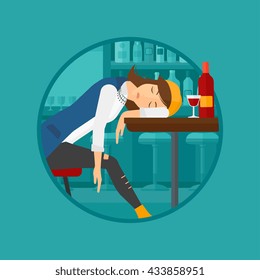 A drunk woman deeply sleeping near the bottle of wine and glass on table. Drunk woman sleeping in bar. Alcohol addiction concept. Vector flat design illustration in the circle isolated on background.