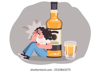 Mujer borracha siente dolor de cabeza y resaca, sentada cerca de la Grande botella de cerveza o whisky. Problema de resaca en borracho que sufre de adicción al alcohol causado por la falta de éxito en la vida