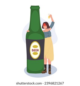  Drunk woman with glass of beer and big beer bottle. Drunkard concept.