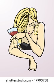 Drunk woman. Hand drawn illustration.