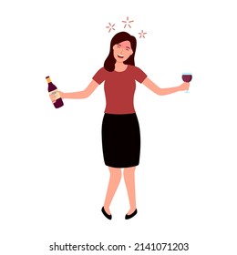 Drunk Woman Holding Wine Or Beer Glass And Alcohol Bottle In The Party, Alcoholic Female Drinker.