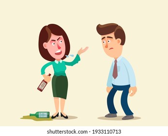 A drunk woman holds a bottle of wine in her hand and shouts at the man. Female alcoholism. A drunken wife is in conflict with her husband. Vector illustration, flat design, cartoon style, isolated.