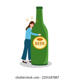 Drunk woman hugging beer bottle in flat design. Alcoholic character. Alcohol addiction.