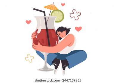 Drunk woman hugs large glass with alcoholic cocktail, feeling dependent on drinks containing alcohol. Happy girl embraces cauldron rejoicing in coming of friday and opportunity to drink