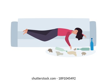 Drunk woman lying on the couch surrounded by empty bottles of drinks, flat vector illustration isolated on white background. Woman has alcohol addiction or alcoholic.