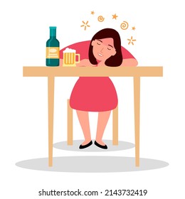 Drunk woman sitting with alcohol bottle in flat design. Alcoholic character. Alcohol addiction.