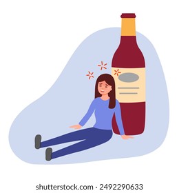 Drunk woman sitting beside alcohol wine bottle in flat design.