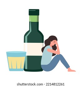 Drunk woman sitting with big alcohol bottle in flat design. Alcoholic character. Alcohol addiction.