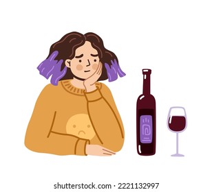 Mujer borracha sentada en la mesa con una botella de vino y un vaso. Triste mujer deprimida bebiendo alcohol. Alcoholismo, abuso de drogas, adicción y depresión. Ilustración de carácter vector dibujada a mano.