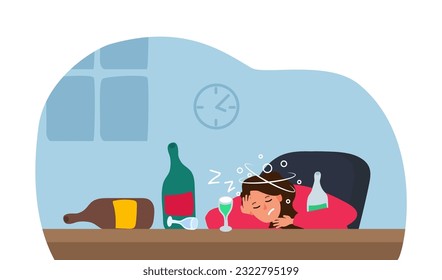 drunk woman sleeping with bottles and glass female alcoholism vector illustration