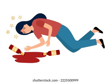 Drunk woman sleeping on the floor with beer bottle on the floor in flat design. Alcoholic character. Alcohol addiction.