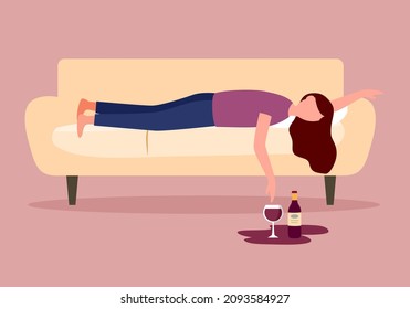 Drunk Frau schlafend auf dem Sofa mit Weinglas und Alkoholflasche auf dem Boden in flachem Design. Alkoholischer Charakter. Alkoholsucht.