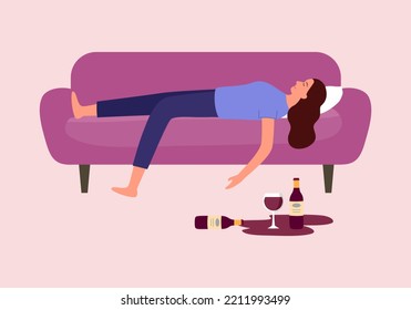 Drunk woman sleeping on a sofa in flat design. Alcoholic female sleep after drinking wine.