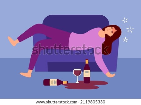 Drunk woman sleeping on sofa with wine glass and alcohol bottle on the floor in flat design. Alcoholic character. Alcohol addiction.