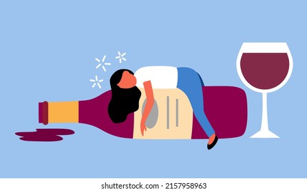 Drunk woman sleeping on wine bottle in flat design. Alcohol addiction. Alcoholic female.