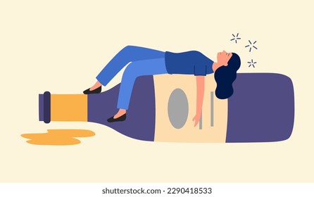 Drunk woman sleeping on wine bottle in flat design. Alcohol addiction. Alcoholic female.