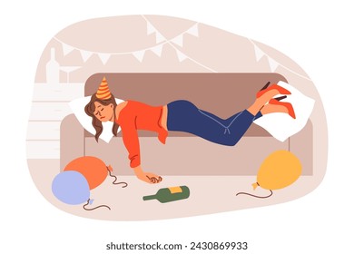 Drunk woman spins on sofa after birthday party, among scattered balloons and bottles. Consequences of party for girl who drank lot of alcohol and felt hangover, for concept of female drunkenness