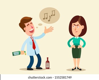 Ein betrunkener junger Mann kam spät nach Hause und singt seiner verärgerten Freundin ein Lied. Nach dem Bachelor-Party-Konzept. Vektorillustration, Flachdesign-Cartoon-Stil, isolierter Hintergrund.