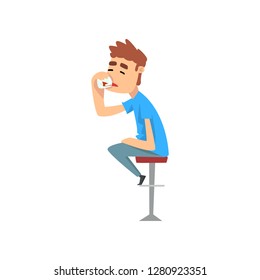 Drunk young man sitting in a bar and drinking, guy character drinking alcohol vector Illustration