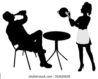 drunk young man sitting in a bar and drinking wine while Pretty cook girl -waitress hitting a pot isolated 
