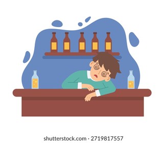 Drunk Young Man Sleeping on Bar Counter with Empty Beer Bottles. Exhausted Guy Feeling Dizzy After Drinking Alcohol at Party. Hangover and Addiction Concept Illustration.