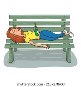 Drunk young woman with bottle of alcohol sleeping on a bench, alcohol addiction, illustrator vector cartoon drawing