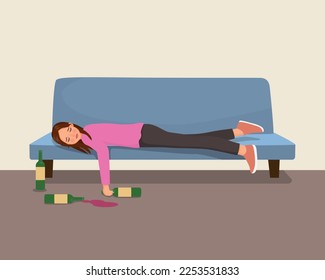 Drunk young woman lying on sofa with alcohol bottles on the floor