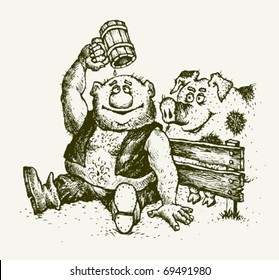 drunkard alcohol pig personage drawing sketch illustration vector