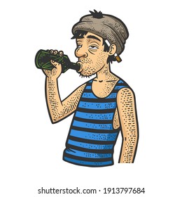drunkard with a bottle color sketch engraving vector illustration. T-shirt apparel print design. Scratch board imitation. Black and white hand drawn image.