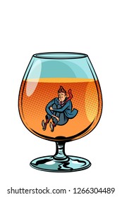 drunkard in brandy glass. Comic cartoon pop art retro vector illustration drawing