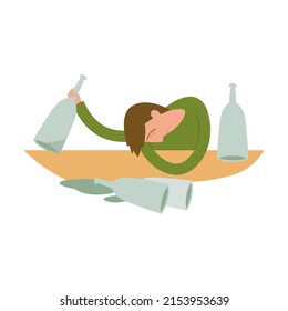 drunkard lies on table with empty glass bottles of alcohol. cartoon vector