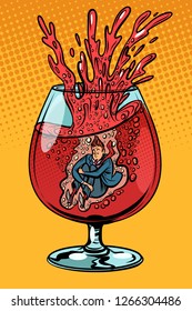 drunkard wine, man in a glass of alcohol. Comic cartoon pop art retro vector illustration drawing