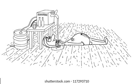 Drunked man, drinking beer. Humor illustration