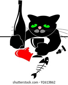 Drunken black cat with red heart, wine bottle, fish and glass at table -  comic vector illustration isolated on white background, Valentines Day. Avatar