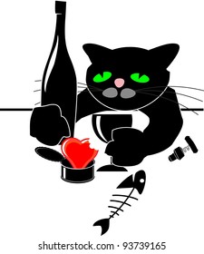 Drunken black cat with red heart, wine bottle, fish and glass at table -  comic vector illustration isolated on white background, Valentines Day. Avatar