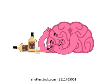 Drunken brain is asleep. Mosie and alcohol. Whiskey bottle and cigar