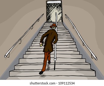 Drunken businessman staggers up a long staircase