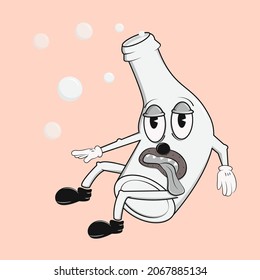 A drunken cartoon bottle lies on the floor with one hand reaching forward. The tongue sticks out of the mouth. Can be used as an illustration of the dangers of alcohol.