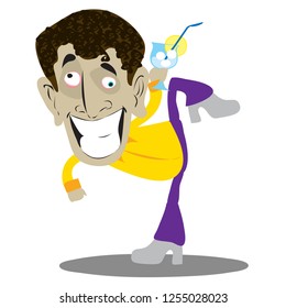 drunken cartoon man with glass in hand, wavers and jumps over the dance cloth in retro clothes. Yellow, purple, funny, party, isolated, vector art.