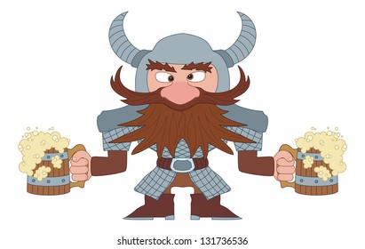 Drunken dwarf warrior in armor and helmet standing with two large beer mugs, funny comic cartoon character. Vector