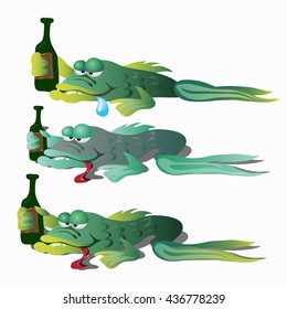 Drunken fish with the bottle. Vector.