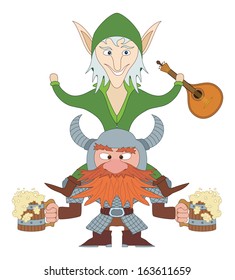 Drunken friends, fantasy heroes celebrating a successful campaign. Dwarf with beer mugs and elf sitting on dwarf with mandolin, funny comic cartoon characters. Vector