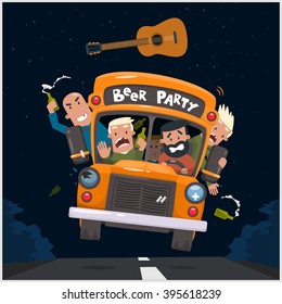 Drunken guys go to a concert with a beer. Vector illustration 10 eps